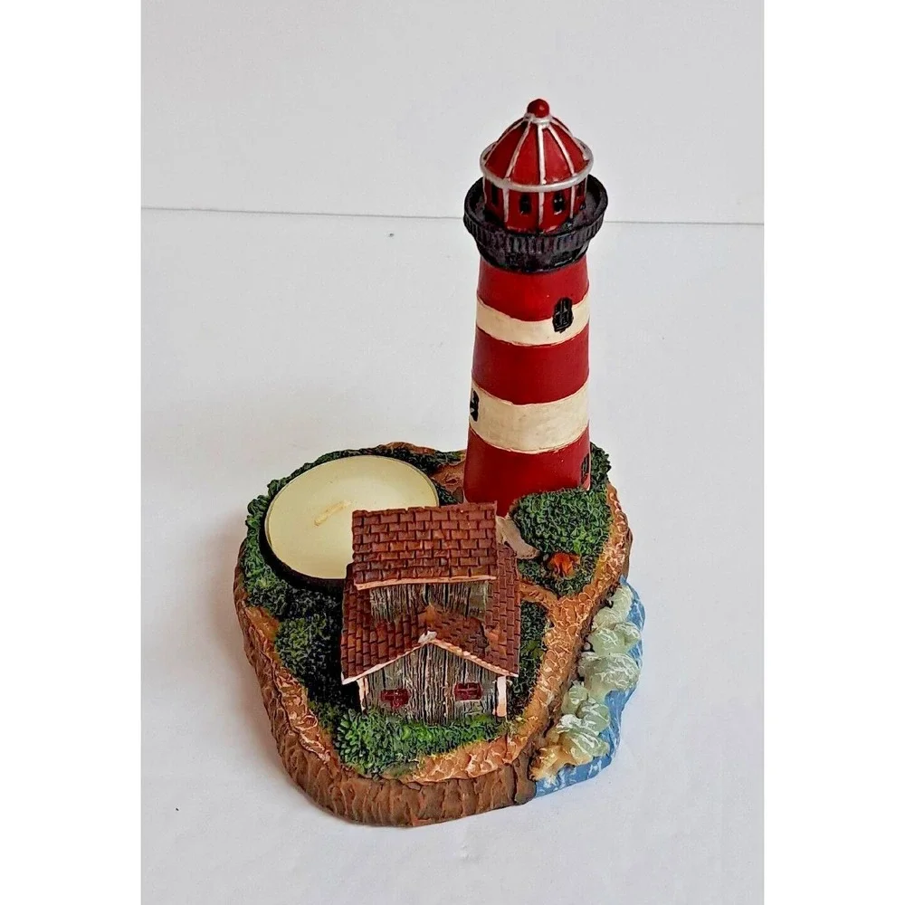 Giftco Lighthouse Cove Polyresin Candle Holder Red White Coastal Decor Tealight
